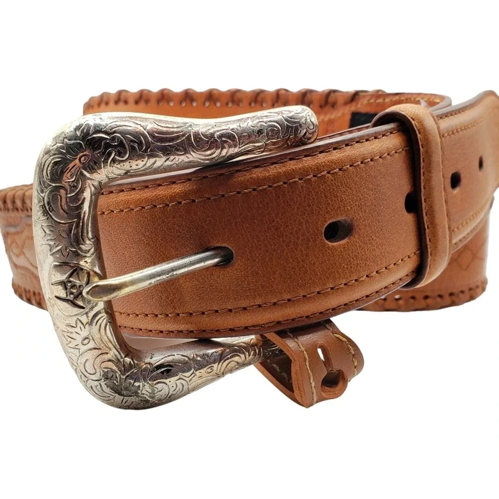 Ariat Brown Leather Belt 42 Western Silver Tone Buckle Whip Stitch Baxter Black